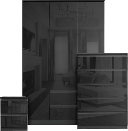Blisswood High Gloss Wardrobe Furniture Set – 3 Door Black Wardrobe + 5 Storage Drawer Chest of Drawers + 2 Drawer Bedside Table Cabinet for Bedroom - MDF Wooden 3 Piece Bedroom Set - Large Cupboard
