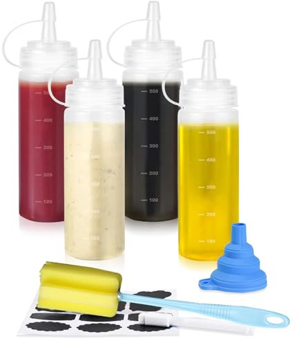 CafullCon 4 Pack 16oz Sauce Bottle, 500ml Plastic squeezy bottles with nozzles, Multipurpose condiment bottle for Ketchup, Squeezy Squirt Bottles for BBQ Sauces Syrup Salad Dressing Oil Liquids Art