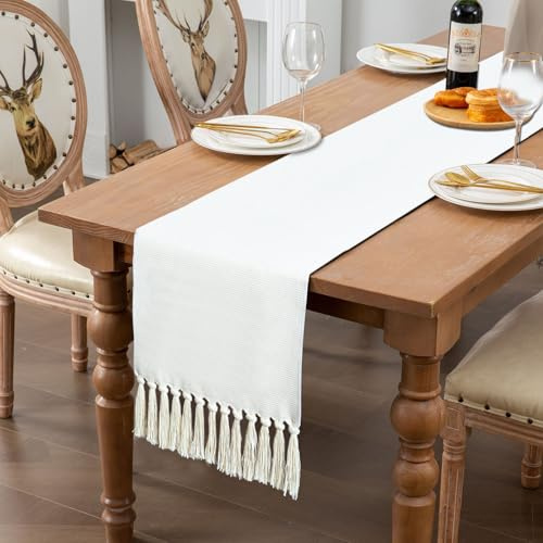Boho Beige Tischläufer, 30 x 180 cm Beige Gewebt Table Runner Waschbar Tisch Läufer Vintage Tischdecke mit Quasten für Küche Esstisch Party Hochzeit Tabletop Deko