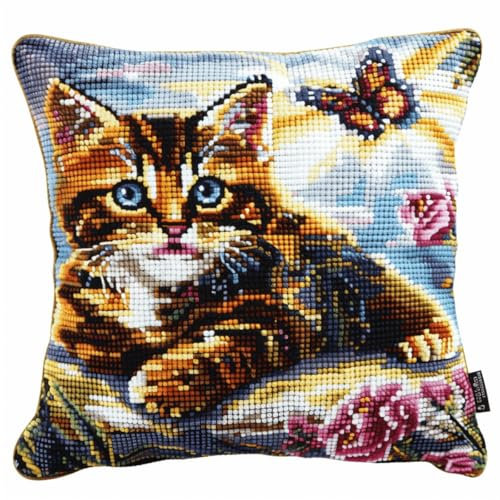 Kitquiver Knüpfkissen Mit Vordruck Katzentiere Und Blumen Kreuzstich-Sets Zur Herstellung Von Kissenbezügen,Diy-Knüpfhäkel-Set Für Teppiche 17x17In