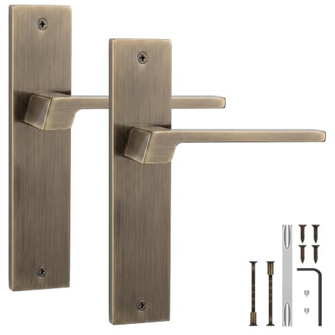 Decoranddecor Spectra Antique Brass Door Handles Internal Square Backplate | Square Lever Pair on Plain Backplate, Add Any Tubular Latch, 200x45mm Plate, Interior Door Handles, Fixings