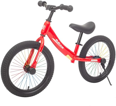 LNRLZYLS Bicicleta de equilibrio de 16 pulgadas para niños de 4 a 7 años, ruedas flash, tacos coloridos, asiento ajustable, ruedas de aire, marco de acero al carbono, soporte de pie (rojo)