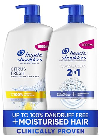 Head & Shoulders Citrus Fresh AND Classic Clean 2in1 Anti-Dandruff Shampoos for All hair types, 2x1000ml pumps, Up To 100% Dandruff Protection, Clinically Proven, Dematologically Tested, for daily use