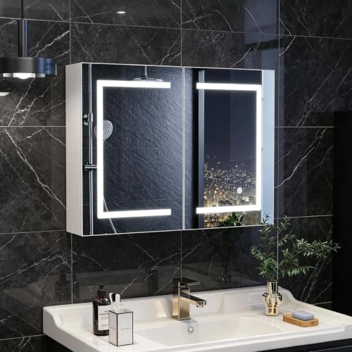Armadietto da bagno con specchio, armadio da toilette intelligente a LED illuminazione doppia porta, specchio bagno con stoccaggio e ripiano regolabile di gradazione di memoria (bianco, 80x13.5x60)
