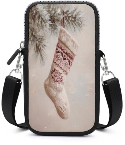 Jubonexis Calza di Natale Appesa Ramo di Pino Innevato Crossbody Borsa Cellulare Smartphone Borsa Con Cinghia Regolabile Nero