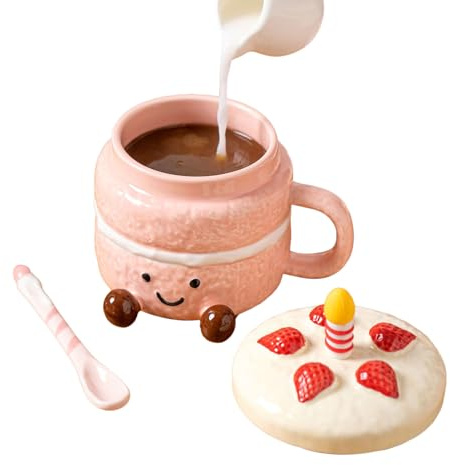 Weqizuerqi Tazas de Café Originales - Cerámica con Tapa Cuchara y Patas - Tazas De Cerámica Para Café Graciosas,Regalo Para Mujer Navidad Cumpleaños San Valentín Casa Oficina Agua Té Leche