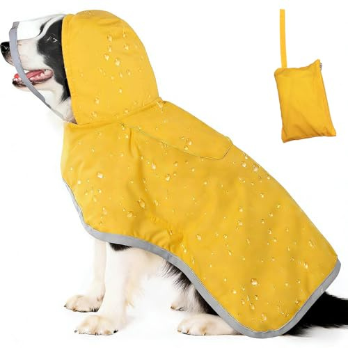 Regenmantel Hund Wasserdicht M–XL – Gelber Hunderegenmantel mit Kapuze, Reflektierende Streifen, Verstellbare Regenjacke für Kleine bis Große Hunde (XL)