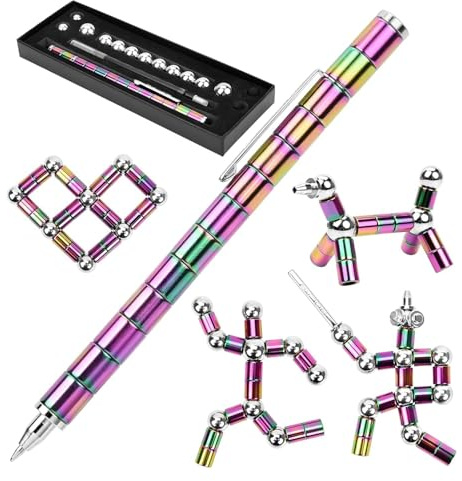 Magnetic Fidget Pen, Decompression Magnet Ballpoint Toy Set, Cool Gadgets Stress Relief Birthday Gifts for Men Teen Boys Adults, Multifunctional Writing Pen with 13 Rings & 12 Balls (Colourful)