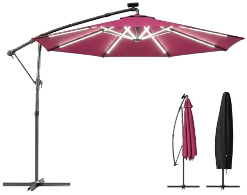 Outsunny Parasol de jardin déporté de 3 m avec lumière solaire LED - Parasol déporté rond avec 6 positions de rotation à 360° - manivelle - Inclinable - Parasol bananier pour extérieur, rouge vin