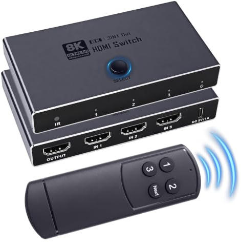 blicadijo Commutateur HDMI 3 en 1 Out - 8K Aluminium HDMI Répartiteur avec Télécommande IR Prend en Charge Dolby Vision 8K@60Hz 3D HDCP 2.3 pour PC TV Vidéoprojecteur - Mode Miroir Uniquement
