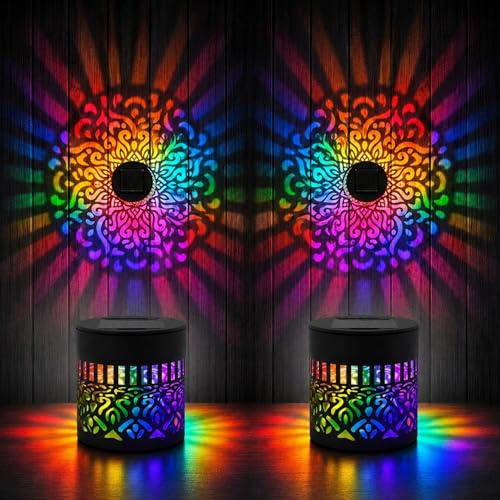 Solar Mandala Wall Lights, 4 Pack Seven‑Color Changing Outdoor Decorative Projection Lamp, Waterproof Metal Fence Light for Yard, Garden, Patio, Backyard Post, Outdoor Wall Decor (2pcs)