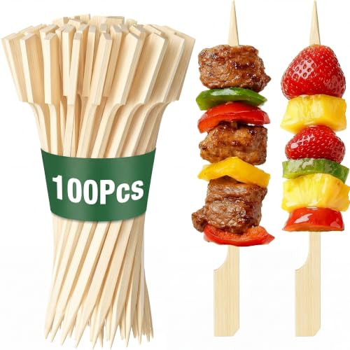 100 Pack Natural Bamboo Paddle Skewers 18cm, Flat Wooden BBQ Sticks for Air Fryer, Kebab Skewers for Chicken, Meat, Vegetables, Fruit, Cocktail, Buffet, Party & Camping