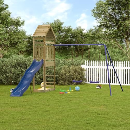 Ordellia Torre de juego de madera de pino tratada a presión con tobogán ondulado, columpio doble y caja de arena, juguete de jardín para niños de 3 a 8 años