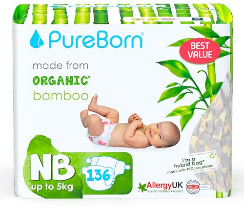 PureBorn Ekologiska Blöjor av Bambu, Nyfödd (<5 kg), 136 stycken, Allergivänliga, Ultramjuk, Våtindikator, Olika Tryck