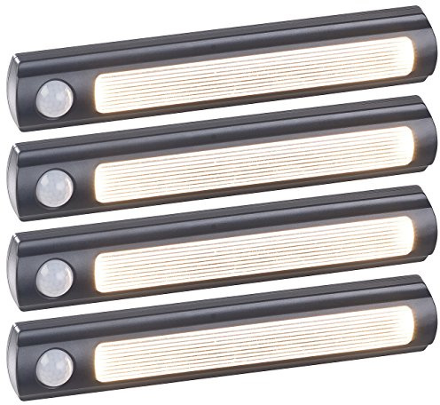 Luminea Unterbau-Leuchten: 4er-Set Batterie-LED-Schrankleuchten, PIR- & Lichtsensor, 0,6W, 3000 K (LED Schranklicht mit Sensor, Kleiderschrank-Leuchten, Schublade)