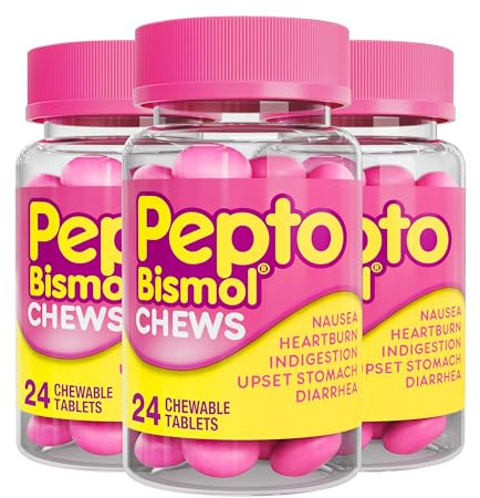 Pepto Bismol Chews, Upset Stomach Relief, Nausea Relief, Heartburn Relief, Indigestion Relief, Anti Diarrhea Medication for Adults - 5 Symptom Fast Relief, 72 Chewable Tablets (3x24 ct)