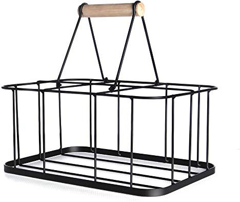6 Milk Bottle Crate/Holder | Doorstep Milk Crate | Glass Bottle Caddy & Carrier | Milk Minder | Retro Wire Bottle Rack with Wooden Handle | M&W