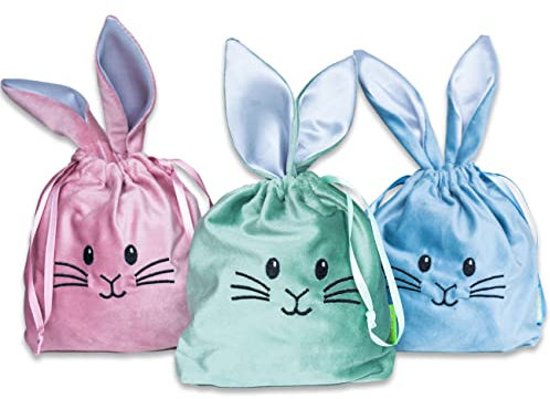 3 Sacchetti di velluto con orecchie | Nido di Pasqua alternativo in design coniglietto pasquale | Alta qualità e riutilizzabile | Cestino di Pasqua da riempire | Set 1