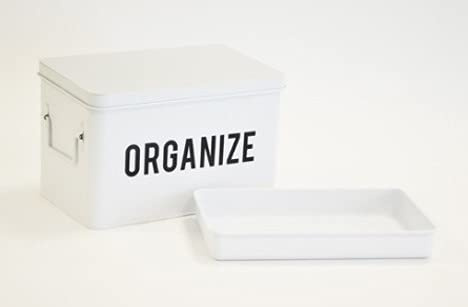 AQ Organizational Divided Metal Tin Caddy with Hinged Lid & Removable Tray, Storage Box for First Aid, Medicine and Pharmacy Items, Crafting and Sewing Supplies, Tools - Matte White & Black
