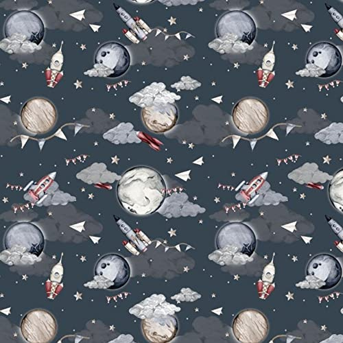 11,99 €/m måne rymd, 100 % bomull, bomullstyg, barn, metervara, hantverk, sömnad, tyg (planet raket vimpel, 150 x 160 cm (11,99 €/m))