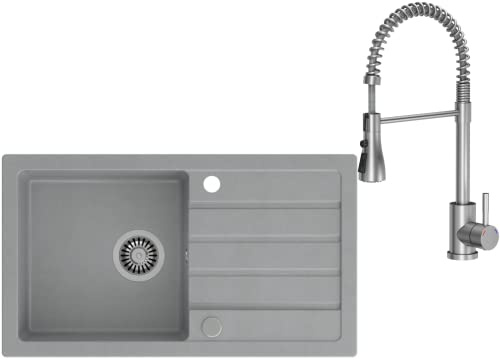 VBChome Spülbecken mit Armatur 77 x 44 cm Grau Spüle Einzelbecken Küche Einbauspüle Verbundspüle Küchenspüle gesprenkelt flächenbündig Siphon Waschbecken Armature Schwenkauslauf, Federauslauf