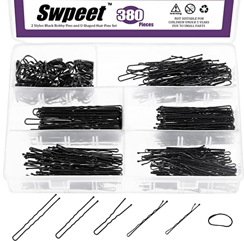 Swpeet 380 st 2 stilar 1,9 tum 6,9 cm (2,4 tum) svarta hårnålar med gummibandssats, inklusive 120 st hårnålar och 160 st U-hårnålar hårklämmor med mjuka elastiska band för flickor och kvinnor