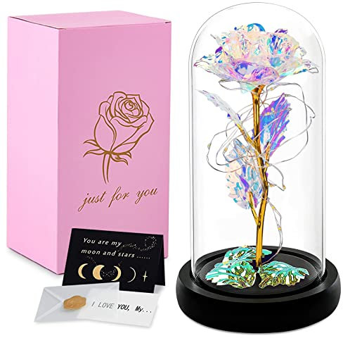 Cadeau pour femme,Rose éternelle dans un verre,La Belle et la bête,Rose dans dôme en verre avec lumières LED,Fleurs artificielles,Cadeau pour Noël, anniversaire, maman, petite amie, grand-mère
