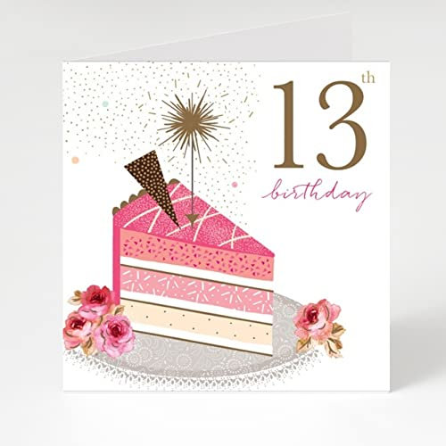 13th Birthday Card, Birthday Card for Teenager, Card for 13 Year Old, Pink Cake Slice illustration and Gold Numbers
