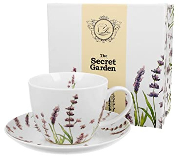DUO FLORAL Jumbobecher 470 ml CLASSIC LAVENDER mit Untertasse, New Bone China Porzellan