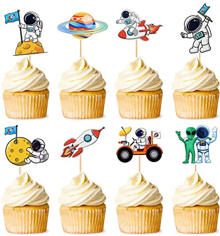 24 Stück Weltraum Astronauten Kuchen Topper Mond Rakete Planet Cupcake Dekorationen für Babyparty Astronauten Geburtstag Kuchen Dekorationen Reise um die Sonne Astronaut Party Dekorationen