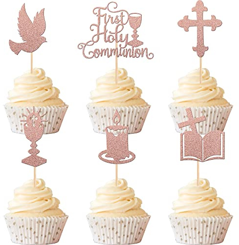 Xsstarmi 36 Stück Cupcake-Topper für die Erstkommunion, rotgoldfarben, glitzernd, Gottesegnen, Taube, Kreuz, Cupcake-Picks, Erstkommunion, Kuchendekorationen für Gott, Babyparty, Geburtstagsparty