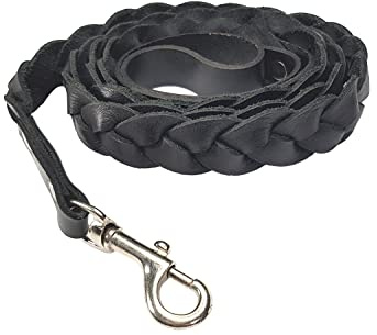 VlaMitex D1 Hundeleine Freihandleine Leder Führleine Hunde-Führleine Fettlederleine Elchlederleine Schleppleine Geflocheten 6 Farben (Schwarz, 200 cm - D1-20-1)