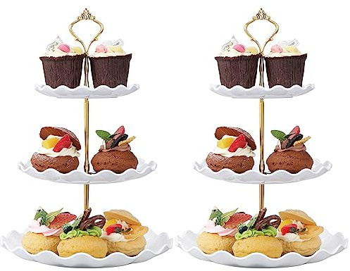 HonGien Tortenständer mit 3 Ebenen, für Nachmittagstee, Obst-/Dessert-Serviertablett für Geburtstag, Party, Hochzeit, Wellenmuster, Weiß, 2 Stück