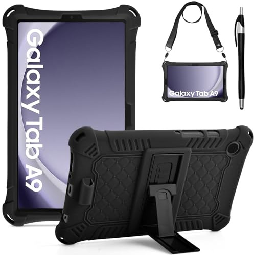 KATUMO Silikon Kinder Hülle für Samsung Galaxy Tab A9 2023 8,7 Zoll (SM-X110/X115/X117) Schutzhülle mit Schultergurt und Stylus Pen Kinderfreundliche Bunt Cover Case für Samsung Galaxy Tablet A9 8,7