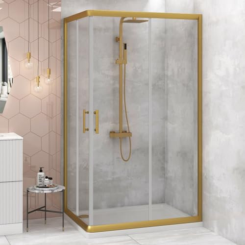 900 x 700mm Sliding Doors Corner Entry Shower Enclosure Brushed Gold 6mm Glass Screen Cubicles