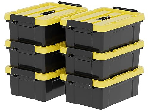 Cetomo 6 cajas de almacenamiento de plástico con tapas, asa y hebillas de cierre para herramientas al aire libre, jardín, garaje, hogar, duradera, resistente, apilable, anidable, negro y amarillo, 15