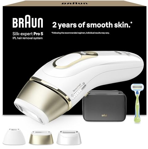 Braun IPL Silk-Expert Pro 5 PL5242 Depilación para el hogar, Blanco/Oro, Alternativa a la depilación láser, con caso, sistema de afeitado Venus, 3 cabezas, regalo para mujeres