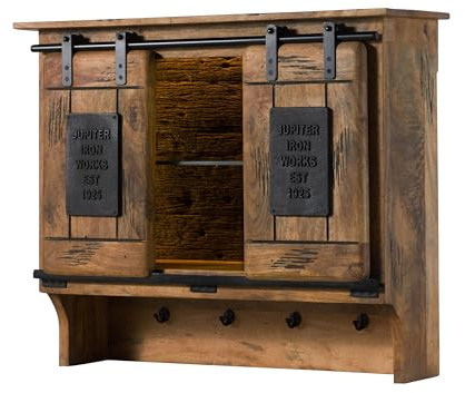 MASSIVMOEBEL24.DE | Railway Lux Wandregal aus Massivholz mit Beleuchtung #151 Mangoholz/Altholz - Natur lackiert 90x30x75 cm 2 Fächer, 2 Türen Garderobe mit Kleiderhaken