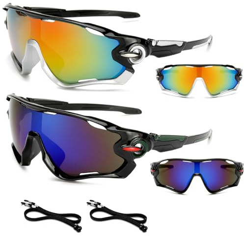 BSITSSS 2 PCS Cycling Glasses for Men Women, UV400 Protection Running Glasses, Wrap Around Sports Sunglasses, Windproof Light Cycling Sunglasses with 2 pcs Adjustable Lanyard (Blue, Colorful)