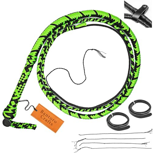Bantoro Crafts Schwarz und Grün Paracord-/Nylon-Peitsche, Bullenpeitsche, 16 Zöpfe, geflochtener Lederbauch und Lederpolster im Inneren, Laute knackende Peitsche