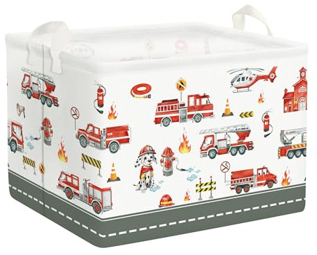 Clastyle Auto Kinder Wäschekorb mit Henkel Faltbar Kleidung Spielzeug Aufbewahrungskorb Jungen Aufbewahrungsbox für Babyzimmer Bad, Feuerwehrfahrzeuge, 40x30x30 cm