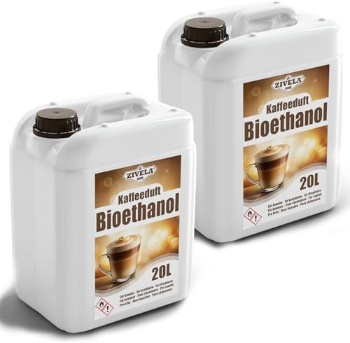 Bioetanol 96,6% 40L | Bio Alcohol Café Aroma 96,6% 2x20L | Bioetanol para Chimenea, Chimenea de mesa, Chimenea de Bioetanol | Aroma de café de bioetanol | Combustión limpia, sin humo, llama viva y