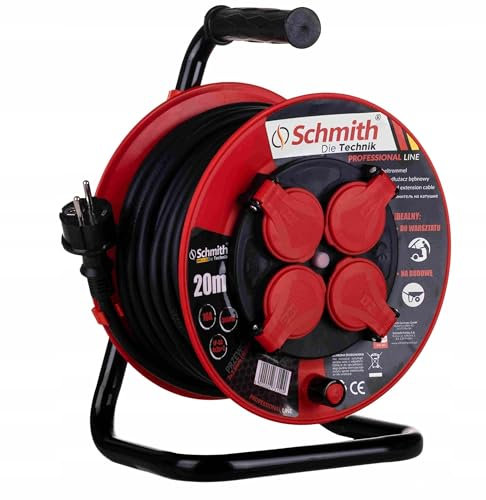 Schmith Avvolgicavo professionale 20m con cavo 3x2,5mm H05RR-F - resistente, IP44, 4 prese con messa a terra, ideale per officine e utilizzi intensivi