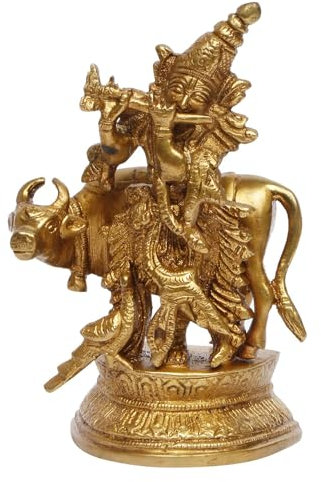 Amilav Collections Flûte en laiton Krishna jouant avec vache Kamdhenu et paon Idol Sculpture Décoration d'intérieur pour salon Pooja Hauteur 12,7 cm