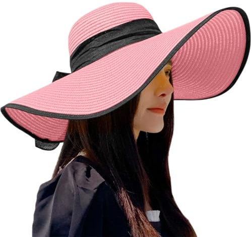 Generisch Schlapphut Damen, Strohhut Damen Faltbar Sommerhut Sommer Sonnenhut Urlaub Outdoor Damenhut Breiter Krempe Atmungsaktiv Sonnenschutz Elegant Strandhut Rosa