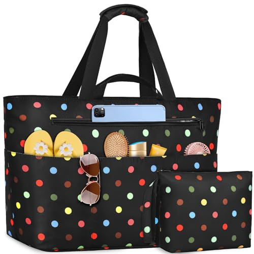 NEWIROVE Strandtasche XXL Familie, Extra Groß Strandtasche Mit Reißverschluss Faltbare Badetasche Damen Wasserdicht Tote Bag Damen Herren Beach Bag Für Strand, Reisen, Urlaub. 50L, Bunte Punkte