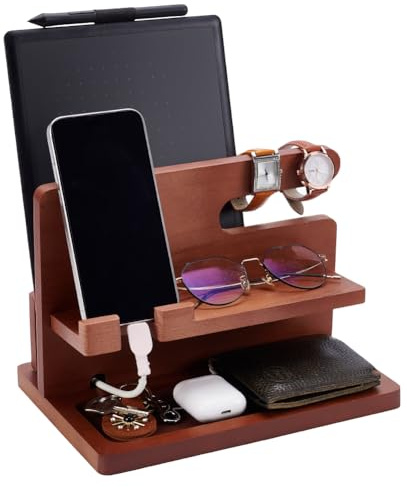 UNICRAFTALE 25.9x18.6x18cm Große Handyhalter Holz Telefon Dockingstation Holz Sattelbraun Nachttisch Lade Organizer Und Handyständer Für Männer Vatertagsgeschenke