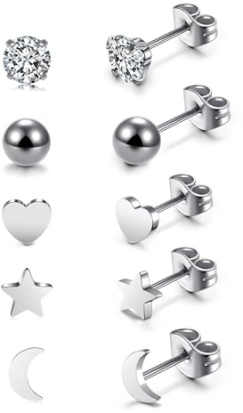 AllerPierce 5 Pairs Silver Studs Earrings for Women Girls, Hypoallergenic Stainless Steel Small Cartilage Studs Earrings Set, Multiple Moon Star Heart Stud Earring Piercing Jewellery Gifts for Women
