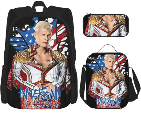 MGDDB Cody Wrestler Rhodes - Juego de mochila de 3 piezas con lonchera y estuche para lápices, combinación para trabajo, deporte, picnic, mochila ajustable para laptop, mochila de viaje, bolsa de