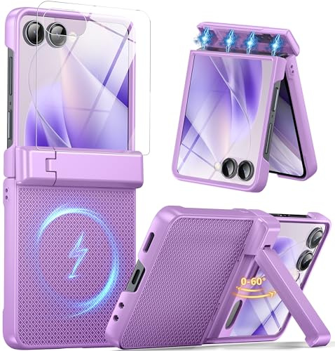 Oterkin Magnetic for Samsung Galaxy Z Flip 7 Case with Stand, Built-in[Screen Protector][Hinge Protection]Compatible with MagSafe,Non-Slip Texture Slim Rugged Shockproof Phone Case for Z Flip 7,Purple